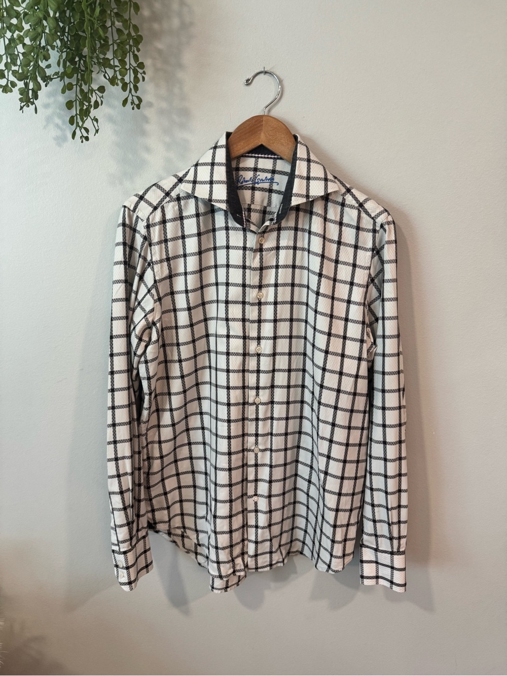 Robert Graham White Shirt with Black Windowpane Check Size M